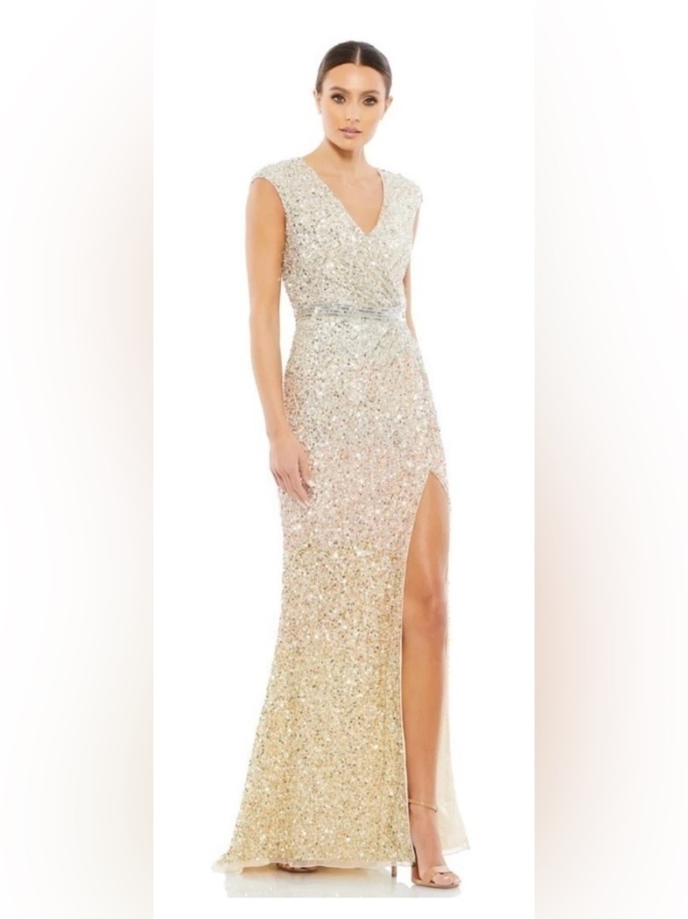 *Flawed Mac Duggal NWT Cap Sleeve Sequined High Slit Gown